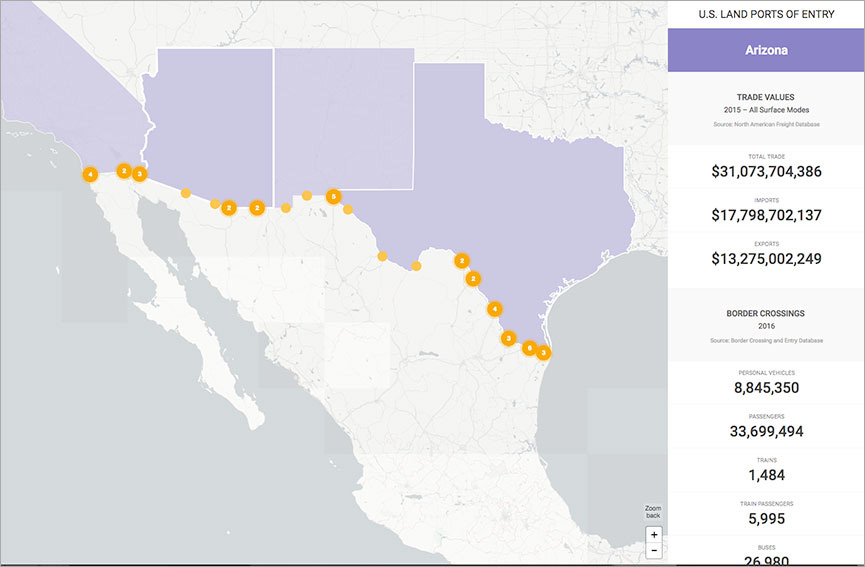 Interactive online map showing the US Land Ports of Entry